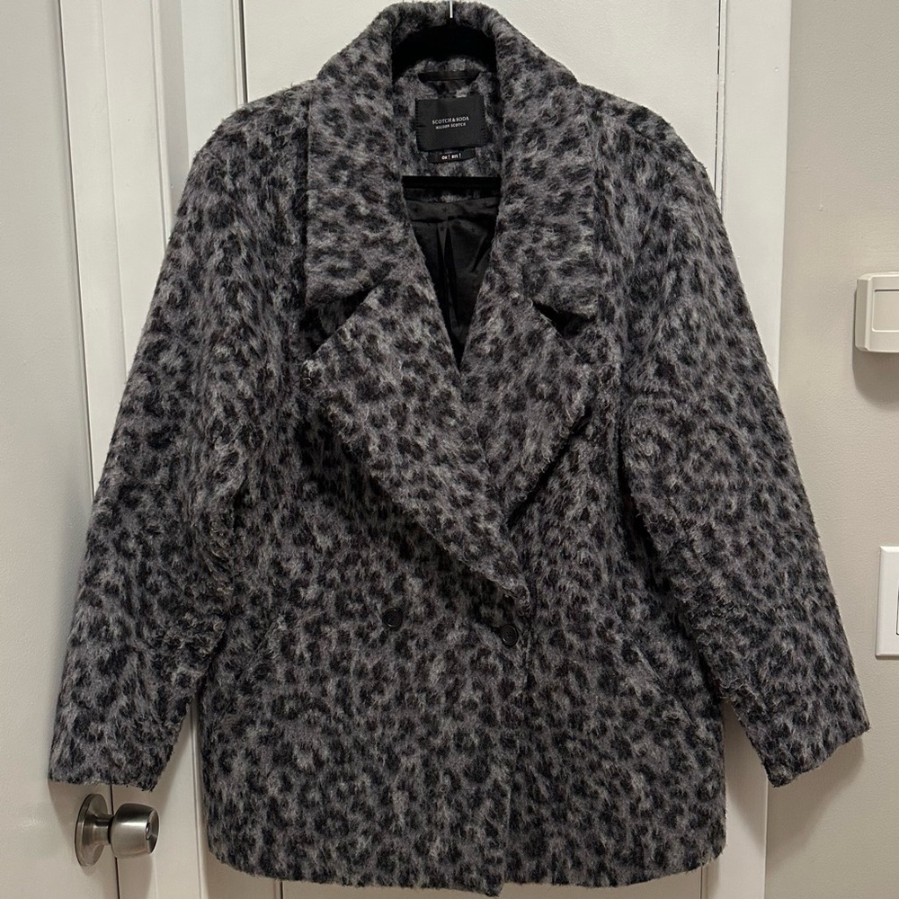 Scotch & Soda Gray Black Leopard Print Wool Blend Fuzzy Cocoon Coat M